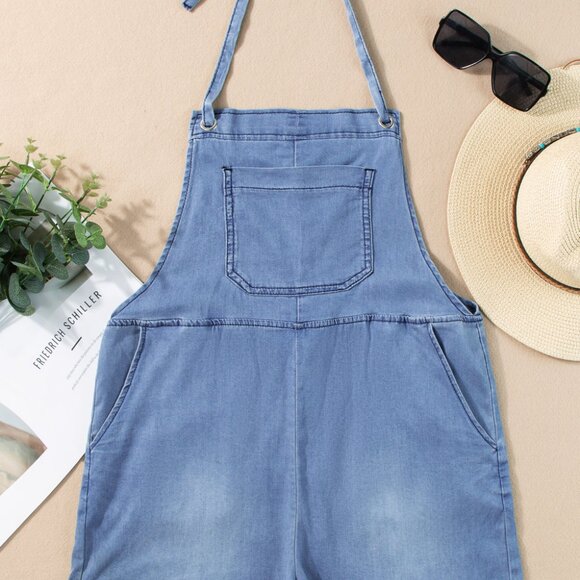B239 Light Blue Grommet Tie Straps Casual Denim Romper - Picture 13 of 16